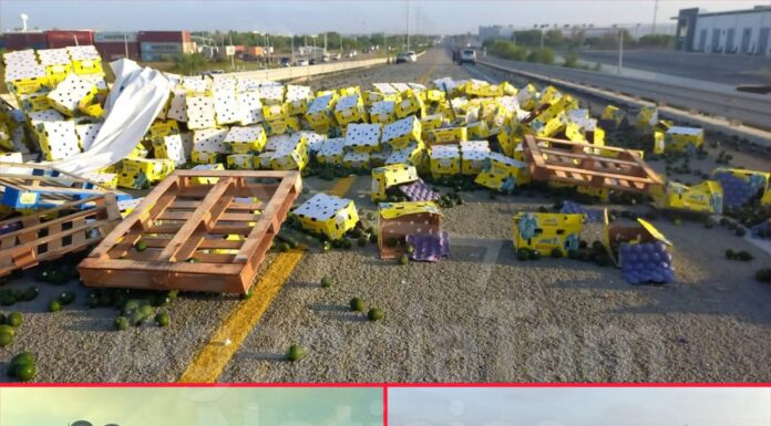 Camión de aguacates vuelca en el puente Pharr de Reynosa