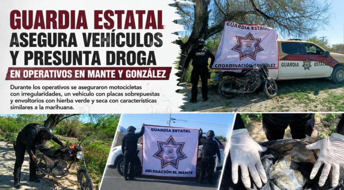 Aseguran vehículos y presunta droga en operativos de la Guardia Estatal
