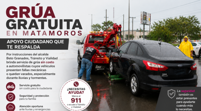 Grúa gratuita en Matamoros apoya a automovilistas