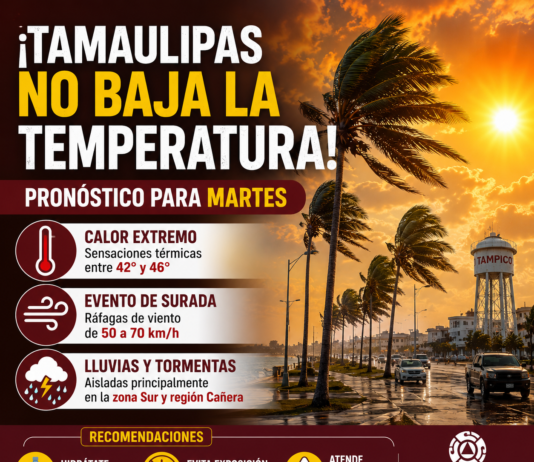 Calor extremo, Surada y lluvias aisladas marcarán el clima de este martes en Tamaulipas