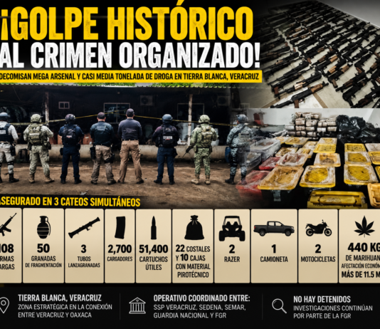 Decomisan mega arsenal y casi media tonelada de droga en Veracruz; autoridades realizan tres cateos en Tierra Blanca