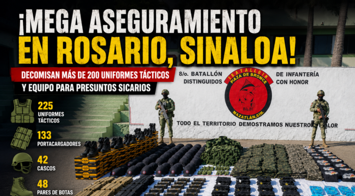 Aseguran más de 200 uniformes tácticos y equipo presuntamente utilizado por grupos delictivos en Rosario, Sinaloa