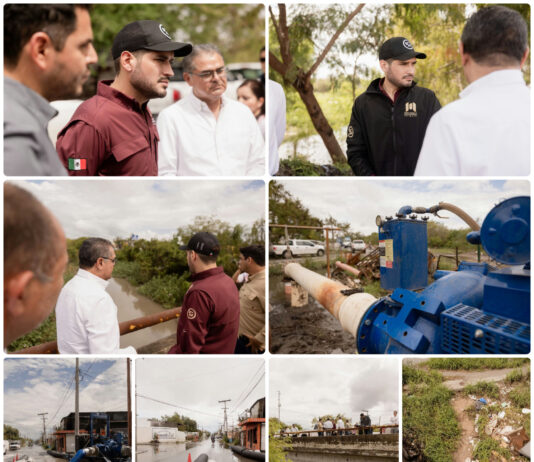 Beto Granados supervisa desfogue de agua en Matamoros tras lluvias que superaron las 17 pulgadas