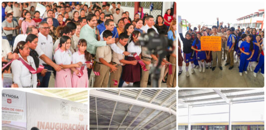 Carlos Peña Ortiz inaugura techumbre en secundaria de Puerta Grande y anuncia nuevo CBTIS para Reynosa