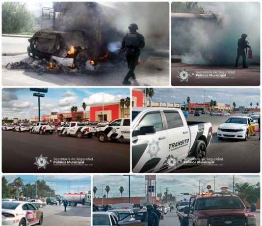 Retiran vehículos calcinados y liberan vialidades tras hechos de riesgo en Matamoros